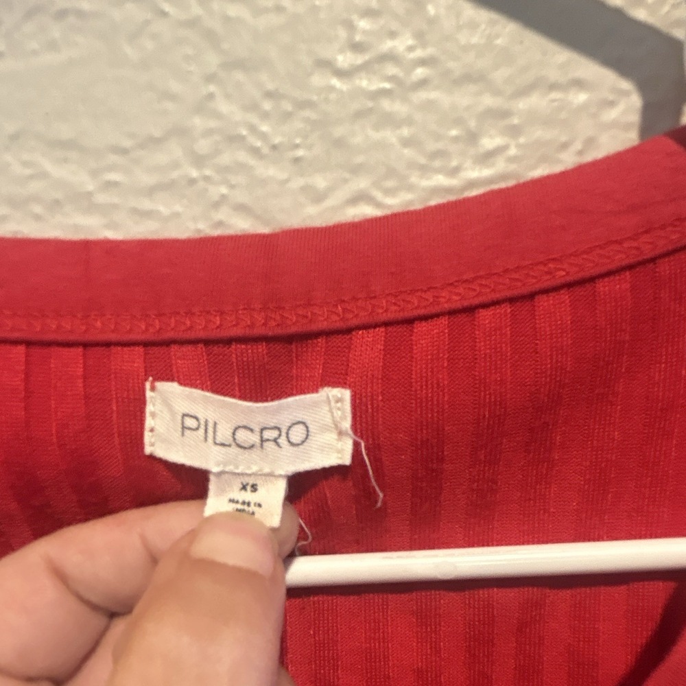 Pilcro Red Ribbed Knit Button Front Ruffle Scoop Neck Long Sleeve Top XS - Picture 2 of 3